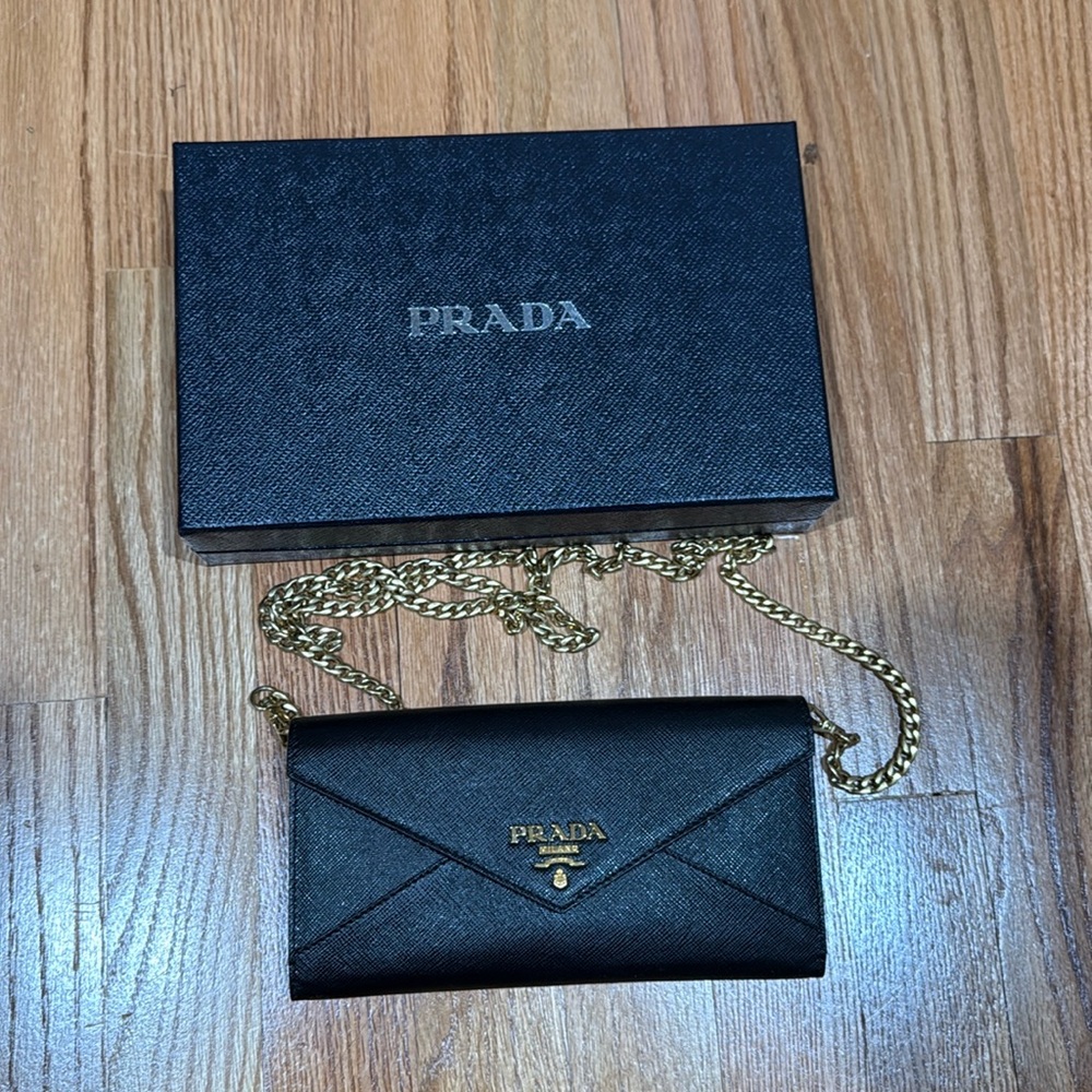 Prada Mini Saffiano Wallet on a chain. Box included